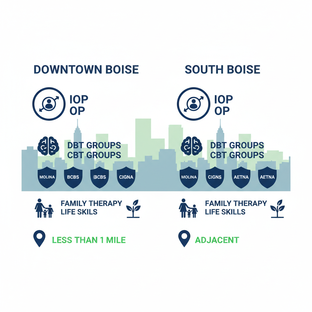 Infographic comparing mental health resources in Downtown Boise and South Boise neighborhoods, featuring outpatient programs, insurance options, youth services, and clinic proximity.