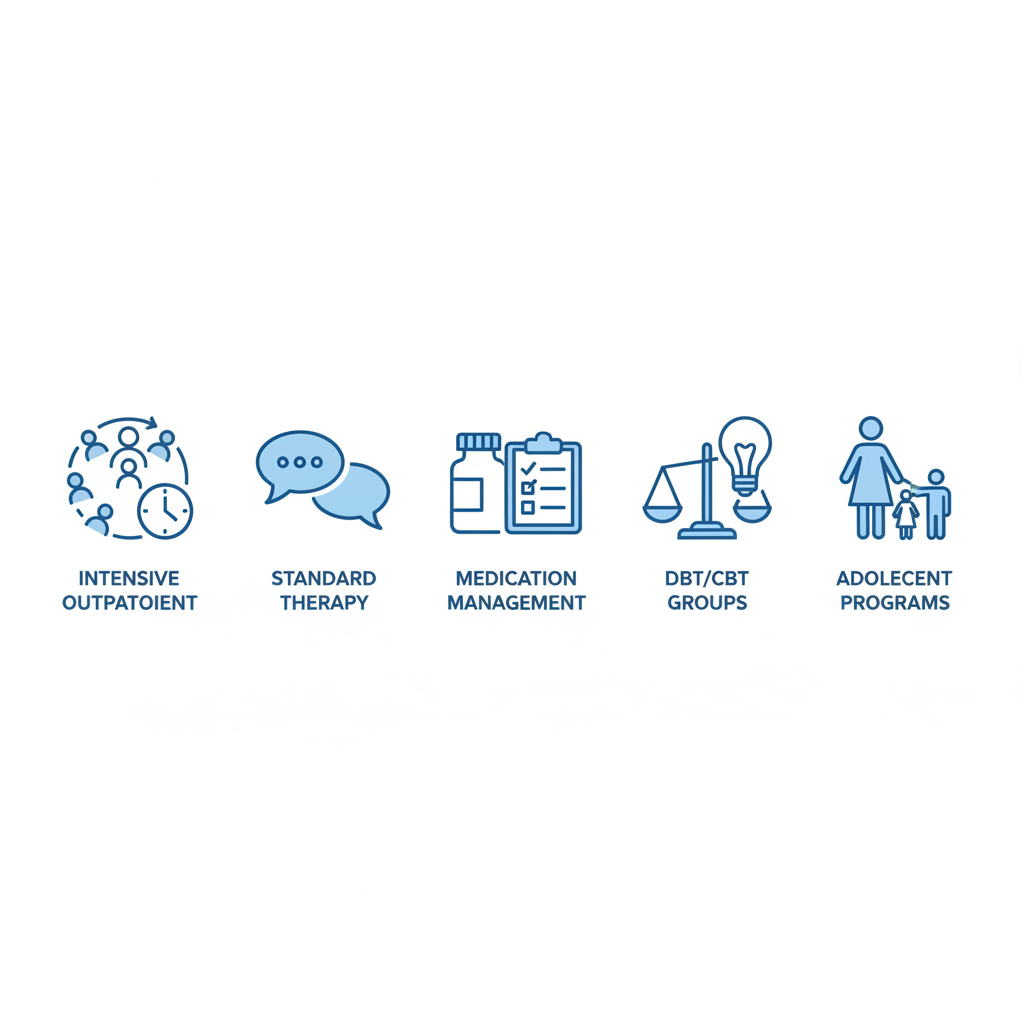 Grid of five icons representing key outpatient mental health services at Recovery Ways Idaho