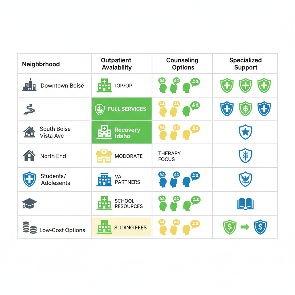 Infographic depicting mental health service availability and options across Boise neighborhoods and specialized groups.