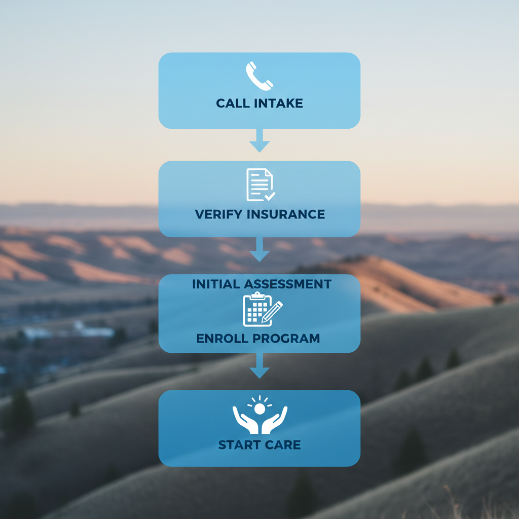 Vertical process flow diagram illustrating steps to begin mental health care at Recovery Ways Idaho in Boise, from intake call to starting personalized care.