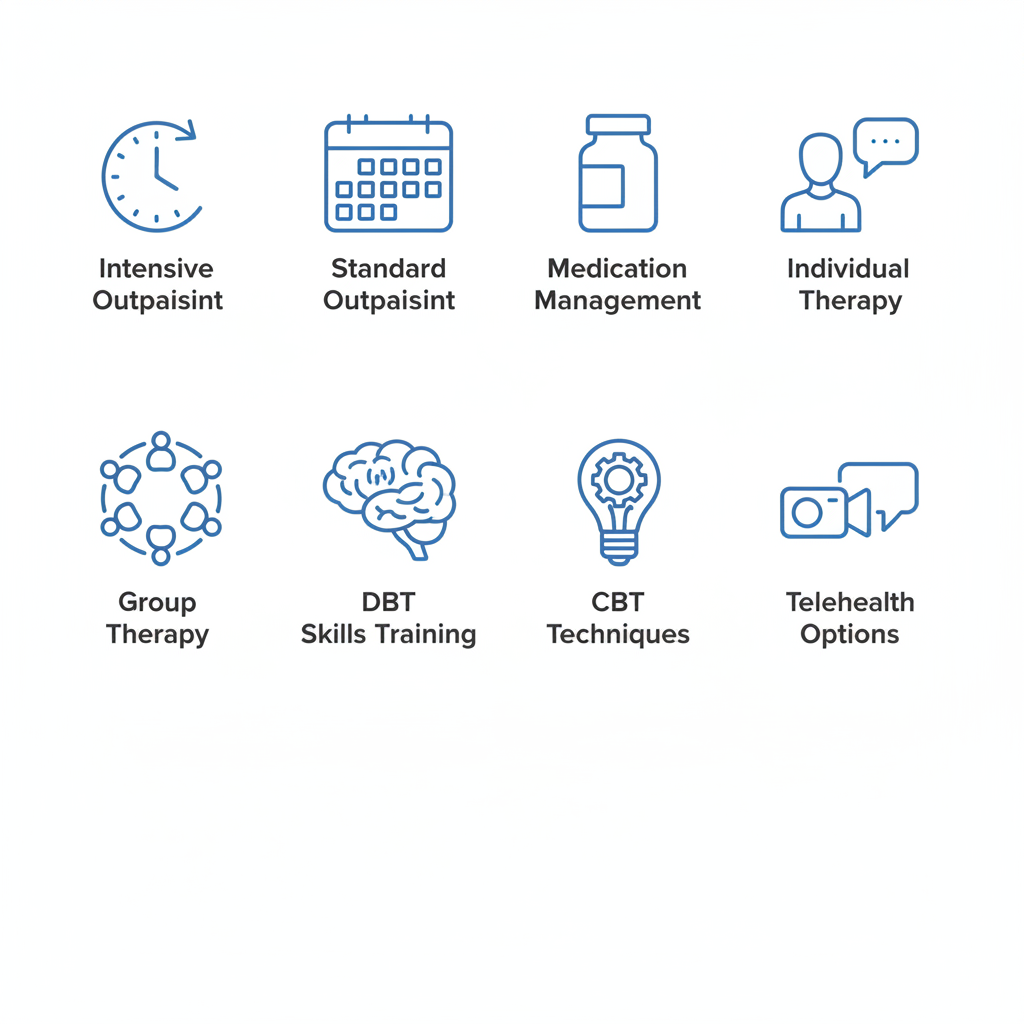 Grid of eight icons depicting various outpatient mental health services including IOP, therapy, and telehealth options