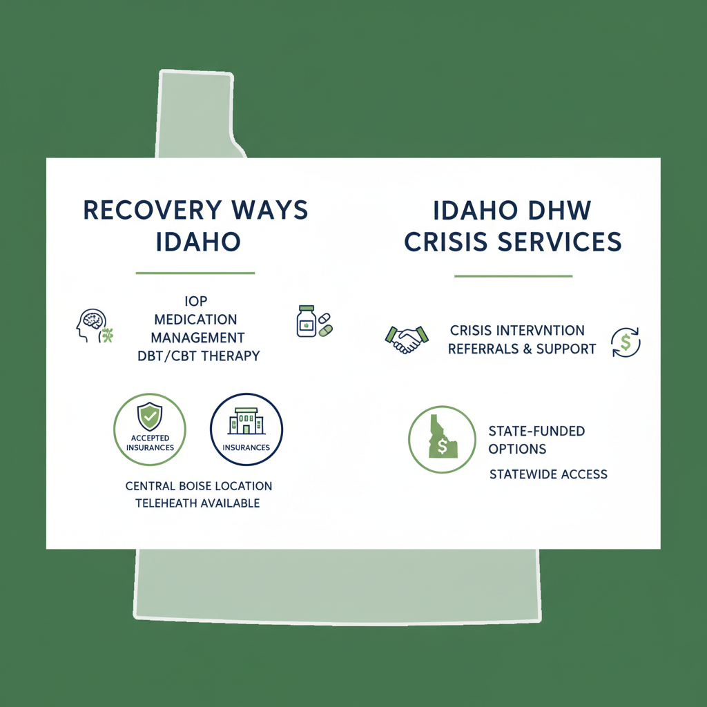 Infographic comparing Recovery Ways Idaho outpatient services and Idaho DHW Crisis Services resources in Boise area