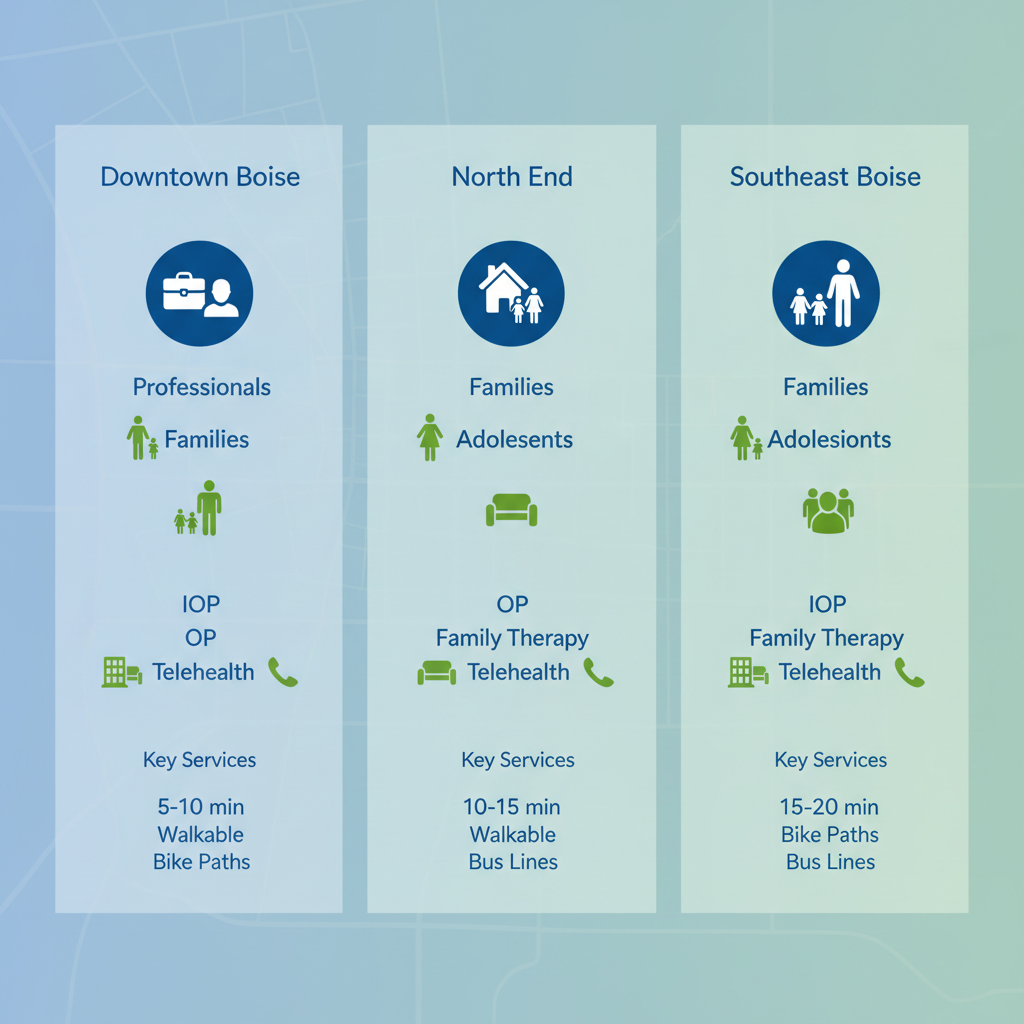 Infographic depicting mental health services in Boise neighborhoods including population focuses, key services, distances, and transportation options with icons.