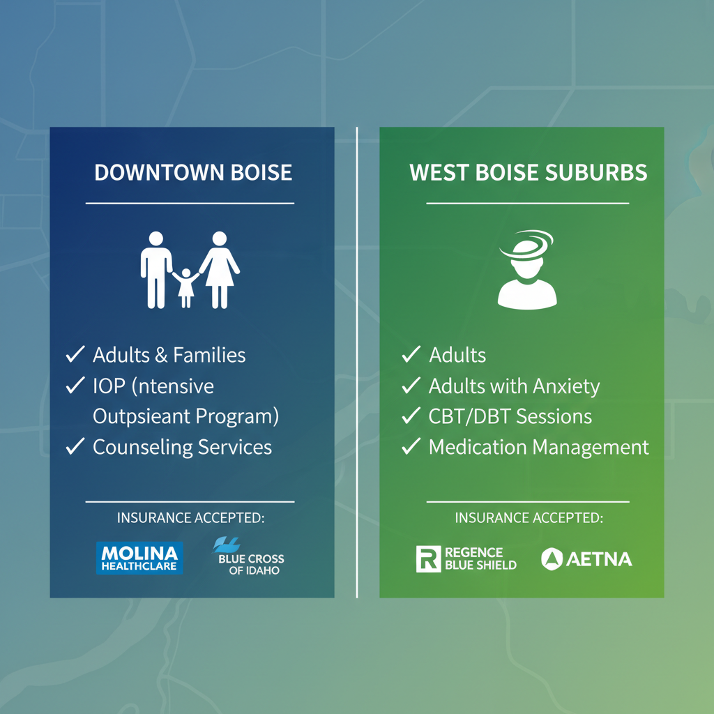 Infographic comparing behavioral health services in Downtown Boise and West Boise Suburbs