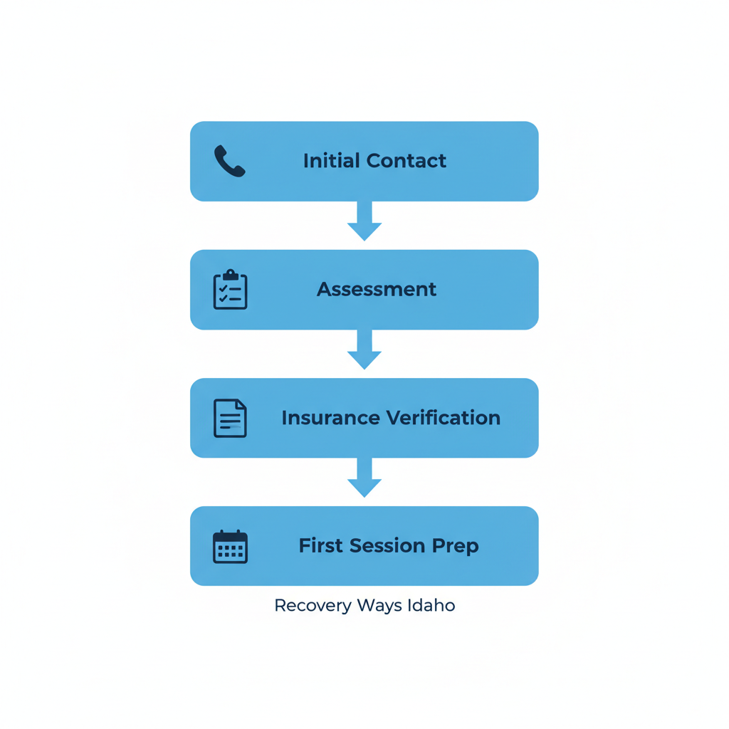 Vertical process flow diagram illustrating four steps to start mental health treatment: initial contact, assessment, insurance verification, and first session preparation.
