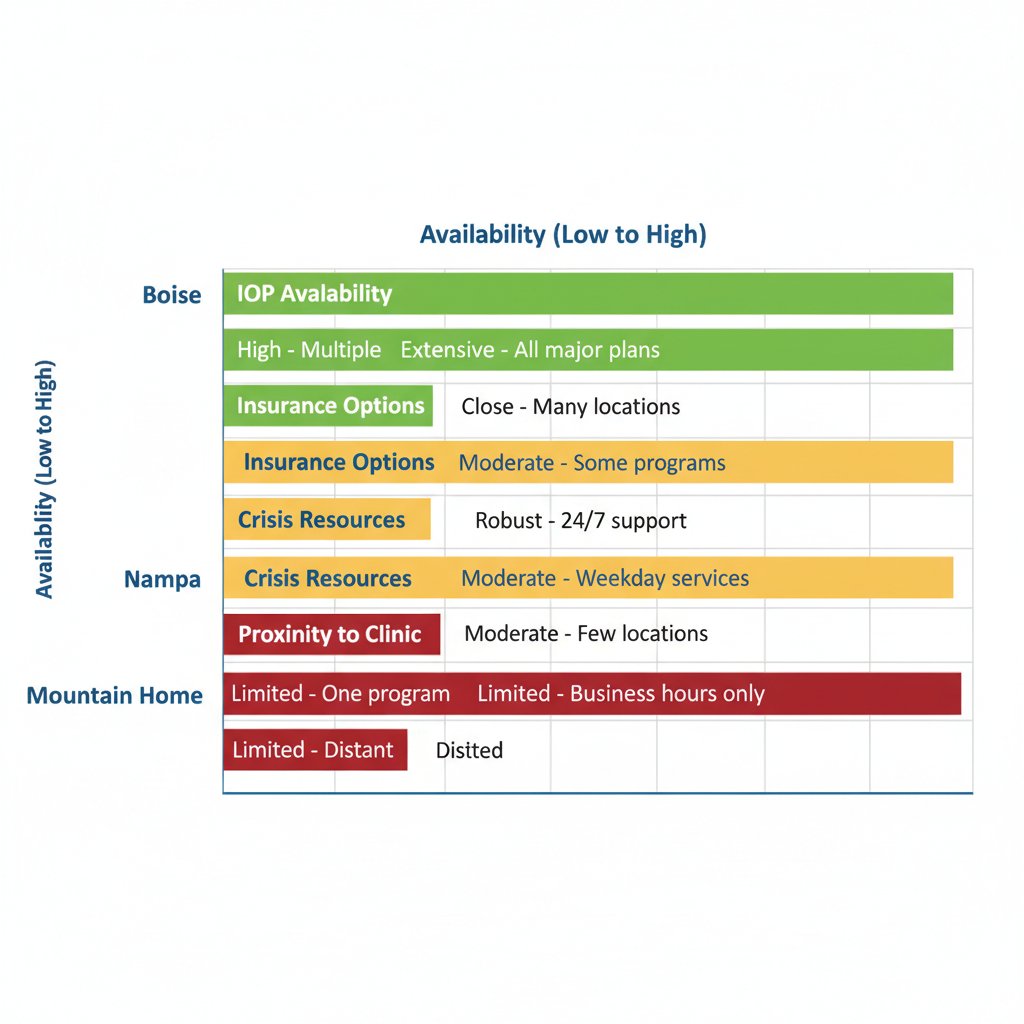 Horizontal bar chart comparing mental health access levels in Boise, Nampa, and Mountain Home with sub-categories for IOP, insurance, crisis resources, and clinic proximity.