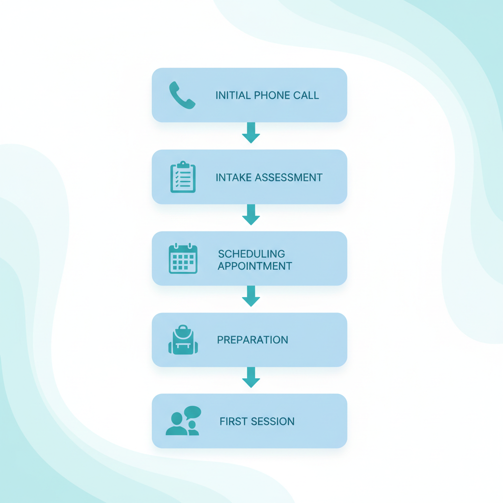 Vertical process flow diagram illustrating the five steps to start mental health care in Boise at Recovery Ways Idaho