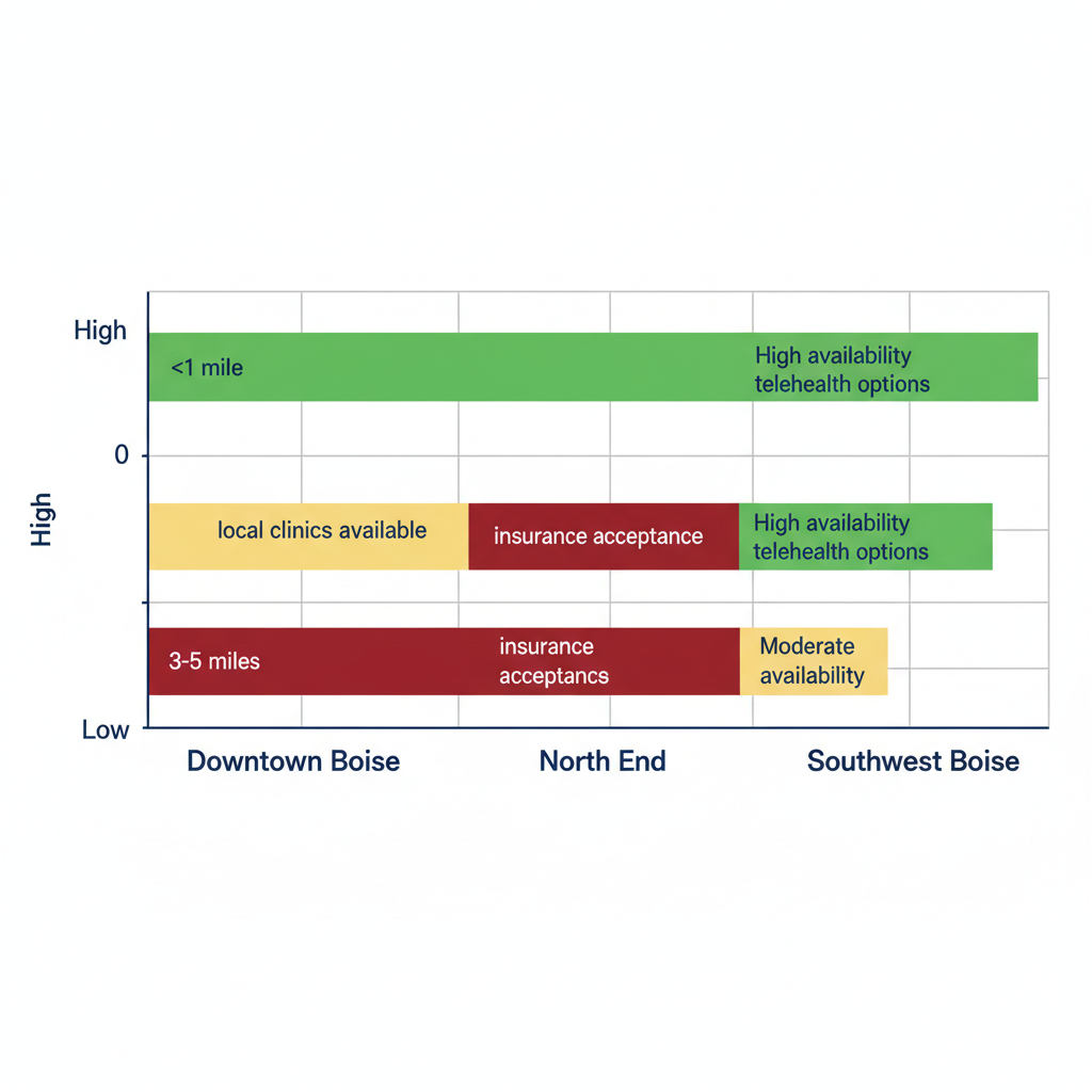 Horizontal bar chart comparing mental health service accessibility in Boise neighborhoods with color-coded metrics.