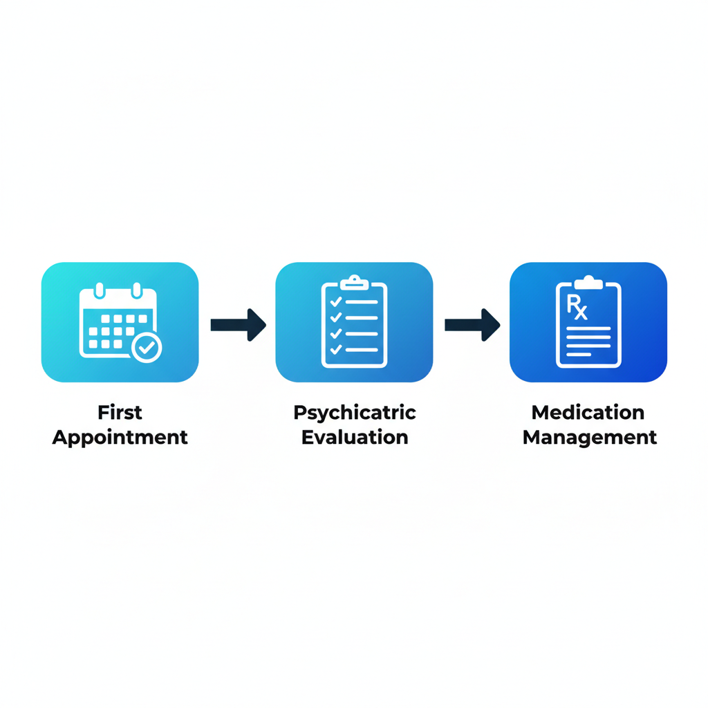 Horizontal process flow diagram showing three stages of behavioral health services: first appointment, psychiatric evaluation, and medication management.