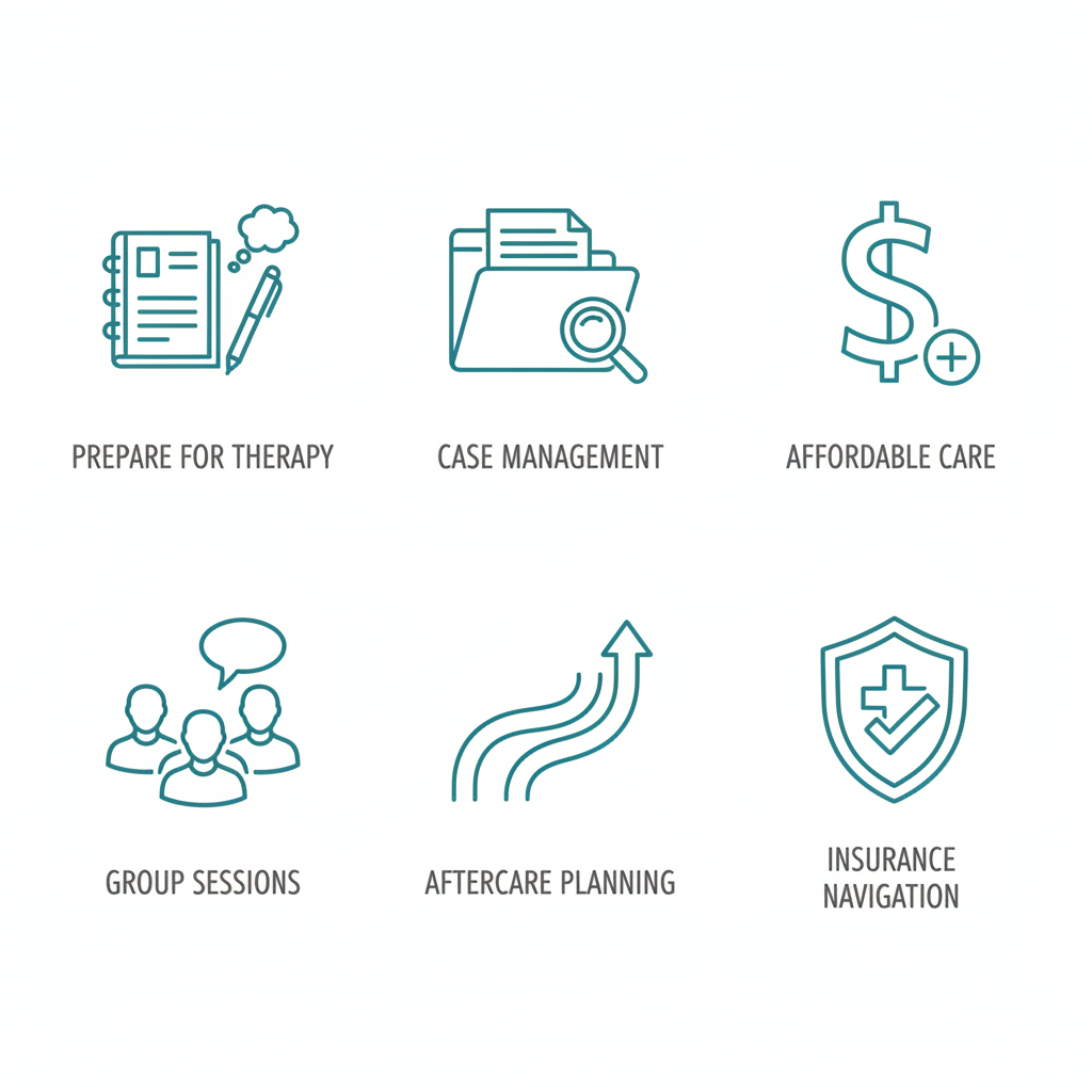 Grid of icons showing best practices for behavioral health in Boise, featuring therapy preparation, case management, affordable care, group sessions, aftercare, and insurance navigation.