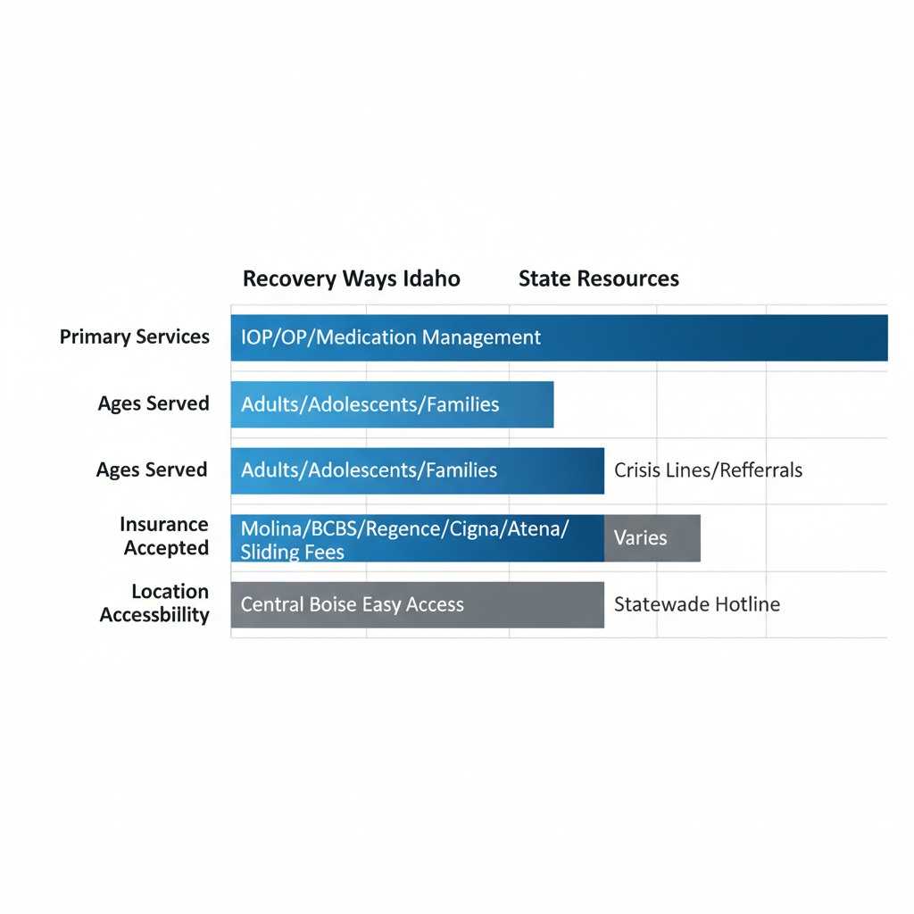 Horizontal bar chart comparing Recovery Ways Idaho and Idaho state mental health resources across services, ages served, insurance, and accessibility.