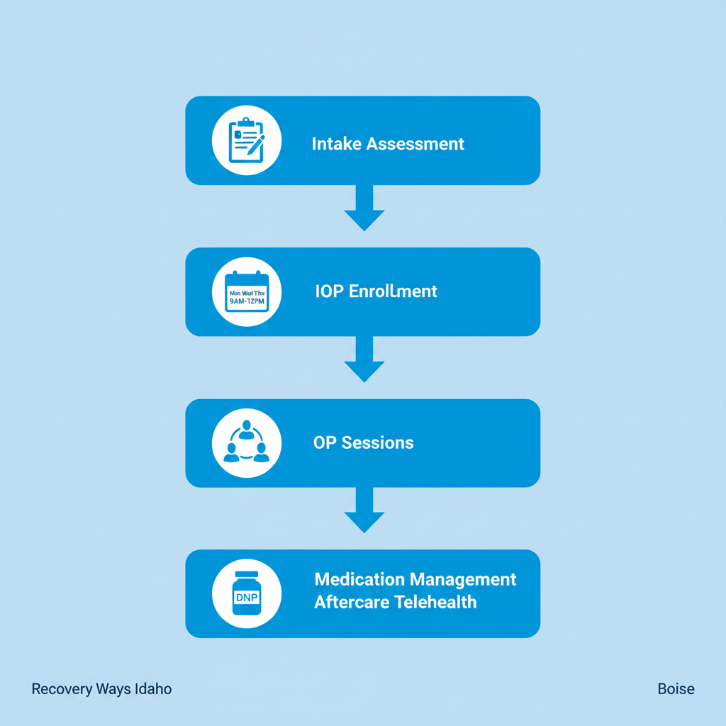 Vertical process flow diagram showing five stages of outpatient mental health services at Recovery Ways Idaho
