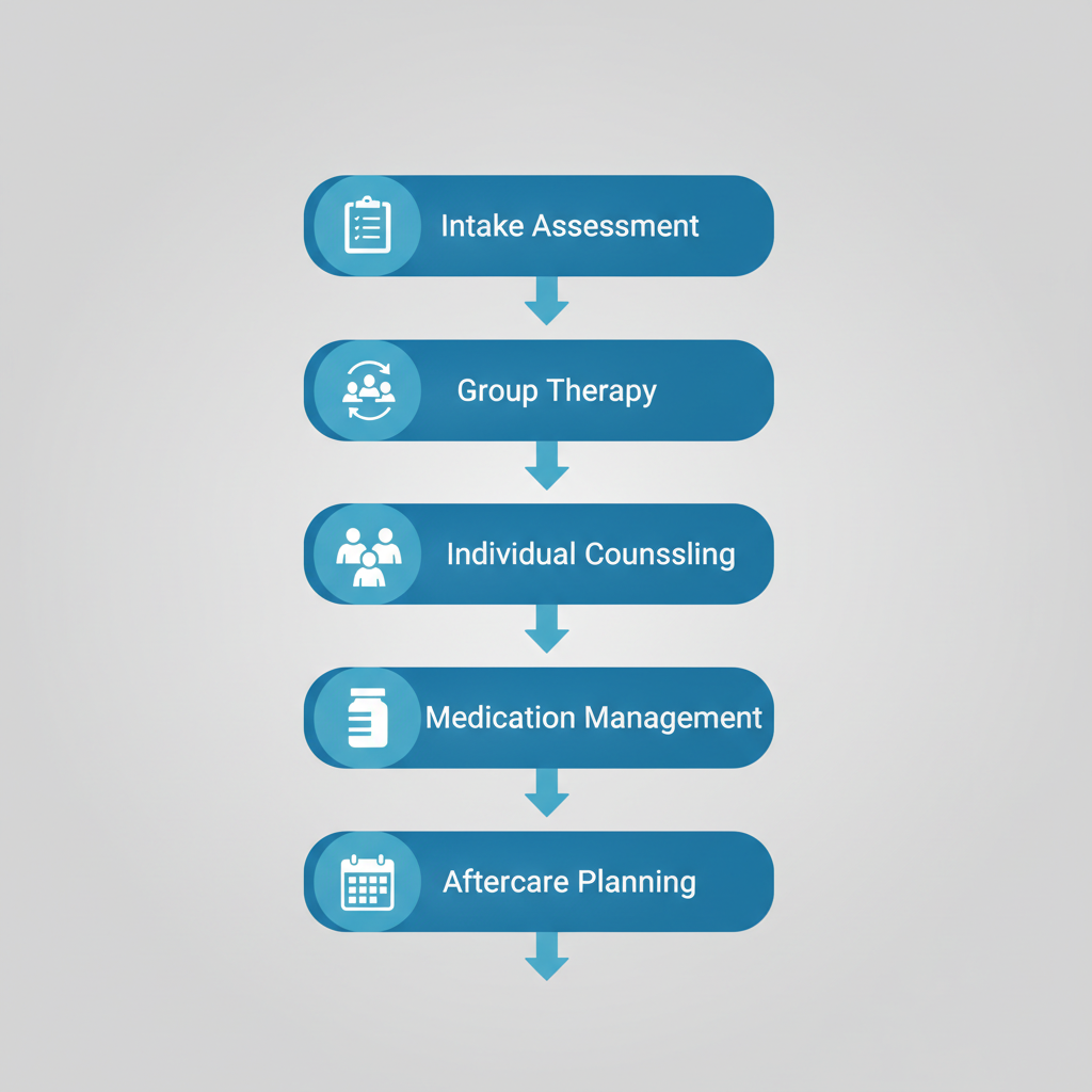 Vertical process flow diagram illustrating the five stages of the Intensive Outpatient Program at Recovery Ways Idaho: intake assessment, group therapy sessions, individual counseling, medication management, and aftercare planning.