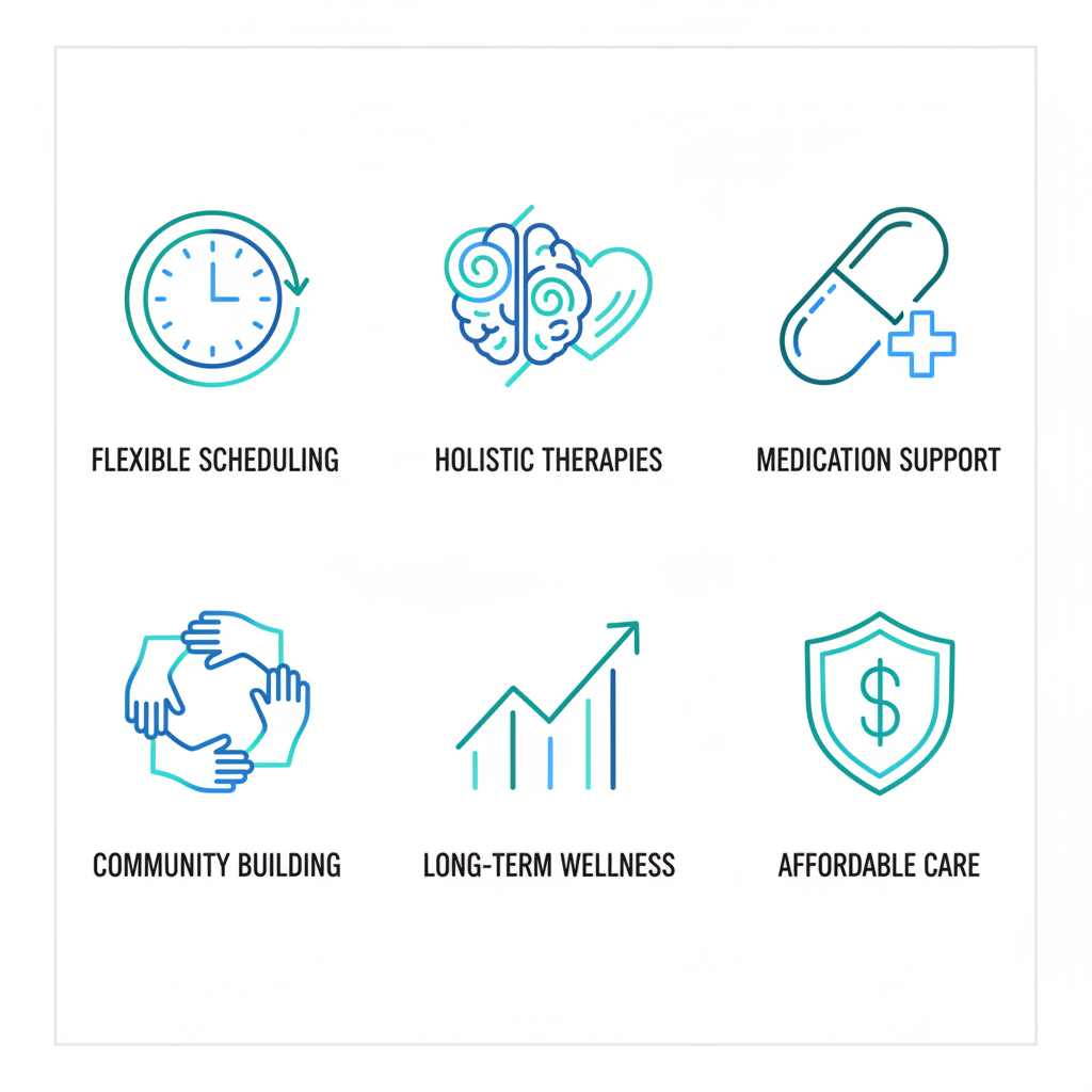 Grid of icons illustrating benefits of outpatient mental health care: accessibility, holistic therapies, medication support, community building, long-term wellness, and affordability.