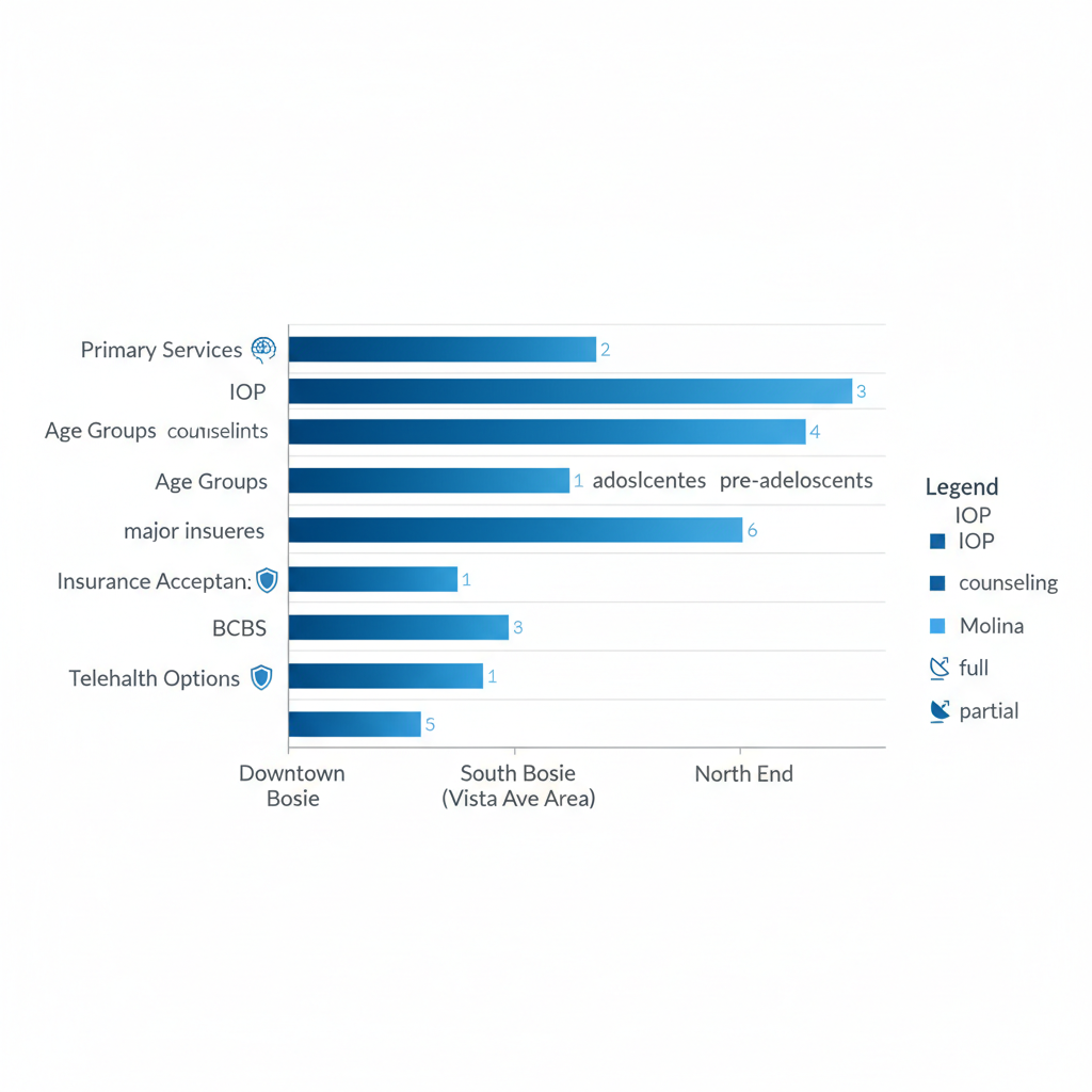 Horizontal bar chart comparing mental health services across Boise neighborhoods including Downtown, South Boise, and North End, covering services, age groups, insurance, and telehealth options