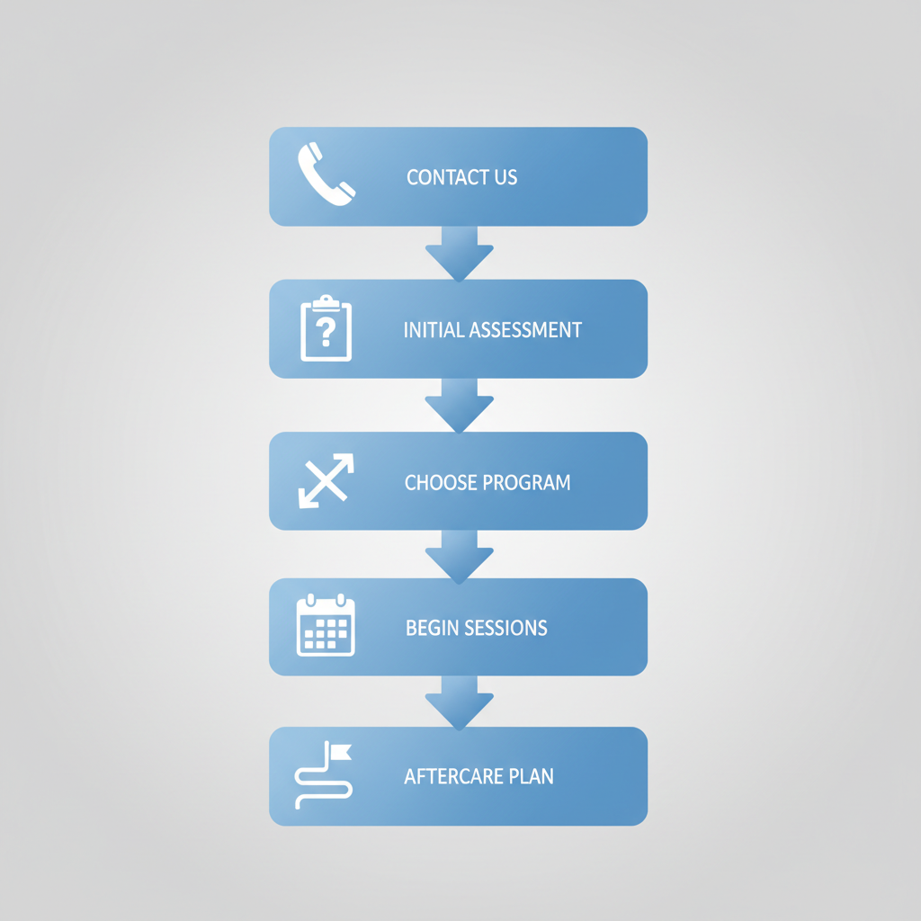 Vertical process flow diagram illustrating five sequential steps to start depression treatment journey at Recovery Ways Idaho in Boise, featuring icons for each stage.