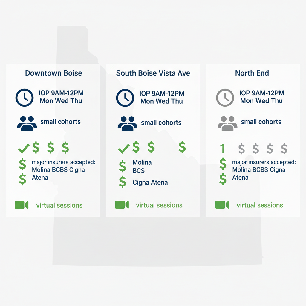 Infographic comparing mental health services availability, insurance, and telehealth options across Boise neighborhoods including Downtown, South Boise, and North End.