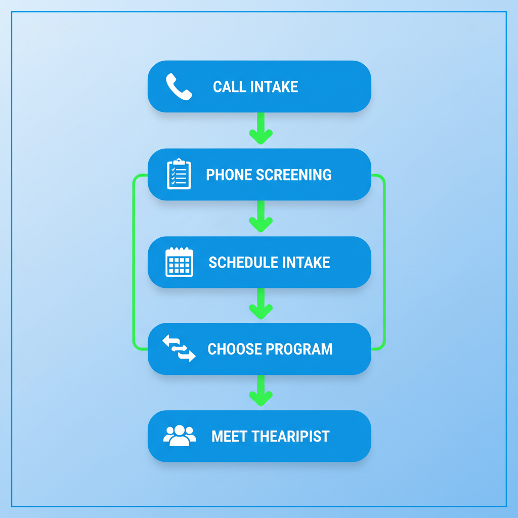 Vertical process flow diagram illustrating five steps to initiate mental health care at Recovery Ways Idaho in Boise