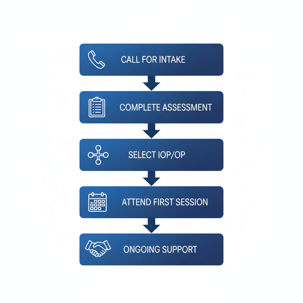 Vertical process flow diagram illustrating the five steps to start bipolar treatment at Recovery Ways Idaho, including calling for intake, assessment, program selection, first session, and ongoing support.