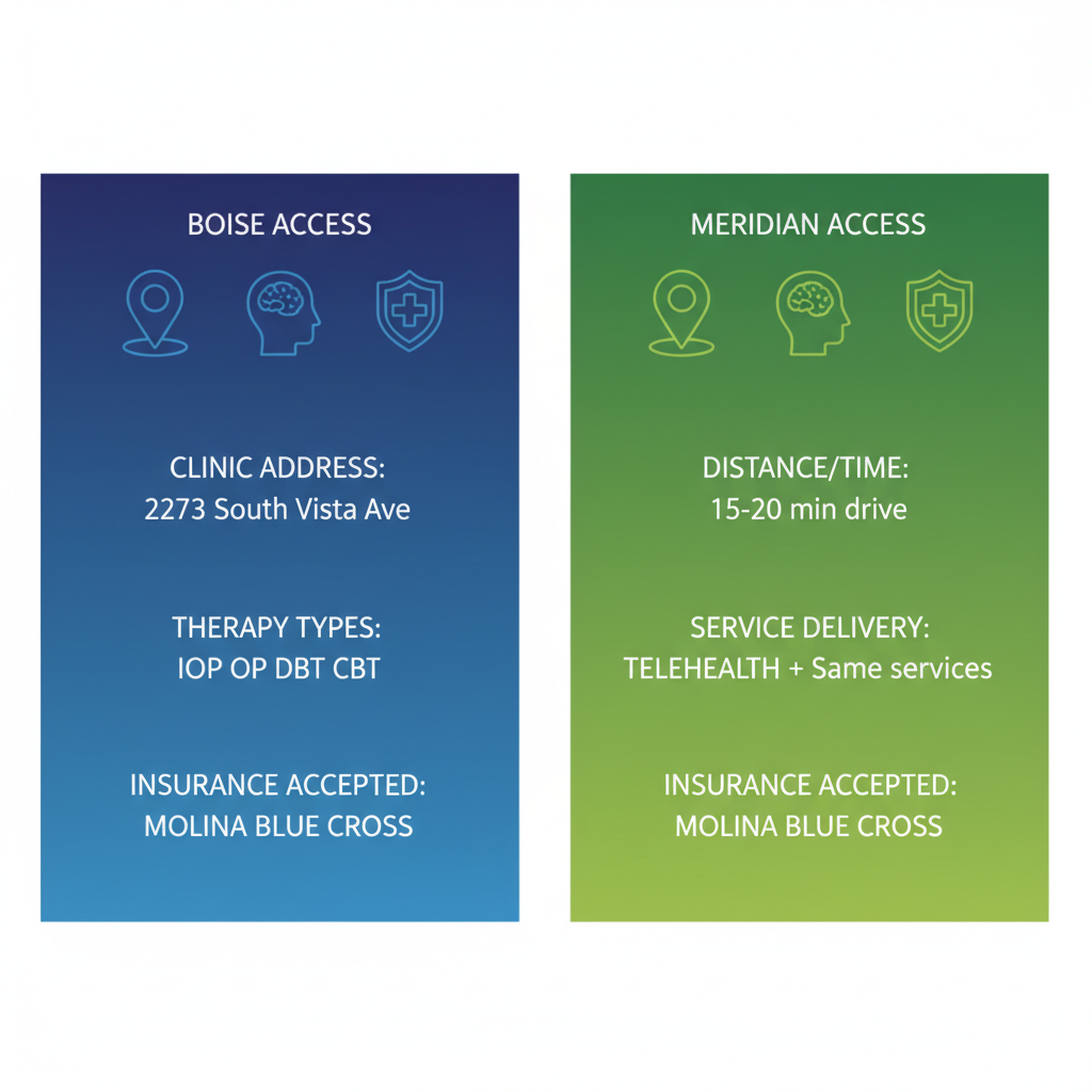 Infographic comparing bipolar disorder treatment access in Boise and Meridian with clinic details, services, and insurance options.