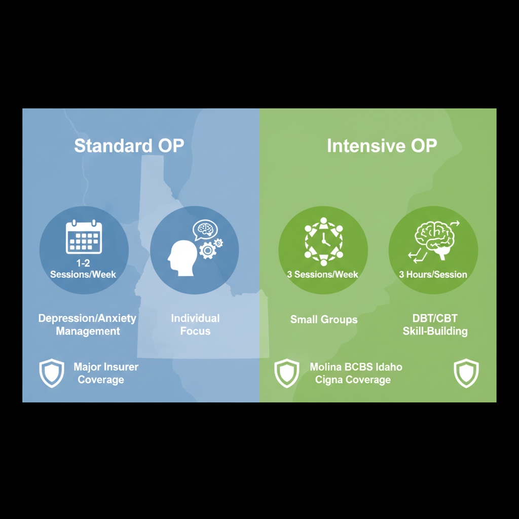 Infographic comparing OP and IOP mental health programs in Boise, Idaho, with icons and minimal labels in blue and green tones.
