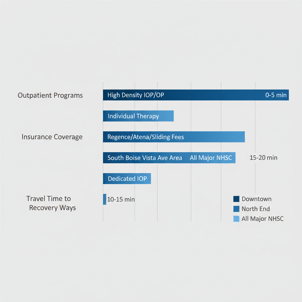 Horizontal bar chart comparing anxiety treatment access in Boise neighborhoods including outpatient programs, insurance options, and travel times to Recovery Ways.