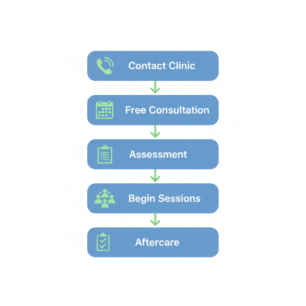 Vertical process flow diagram illustrating the five steps to begin anxiety treatment: contact clinic with phone icon, free consultation with calendar icon, assessment with clipboard icon, begin sessions with group icon, and aftercare with checklist icon, connected by downward arrows in soft blue and green accents.