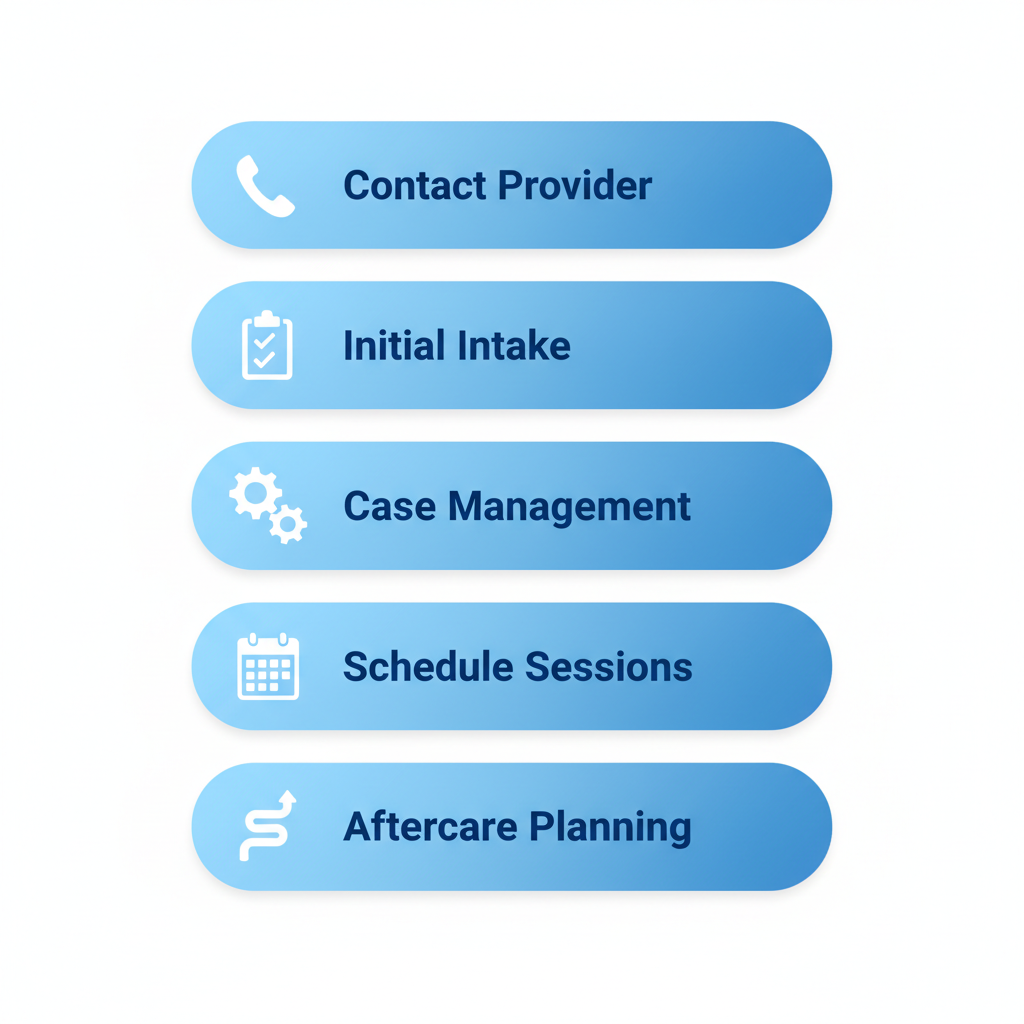 Vertical process flow diagram illustrating five steps to start bipolar treatment: contact provider, initial intake, case management, schedule sessions, and aftercare planning.