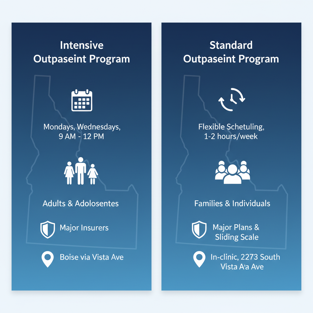 Infographic comparing IOP and OP bipolar treatment programs in Boise, showing schedules, targets, insurance, and locations with blue icons and minimal labels.