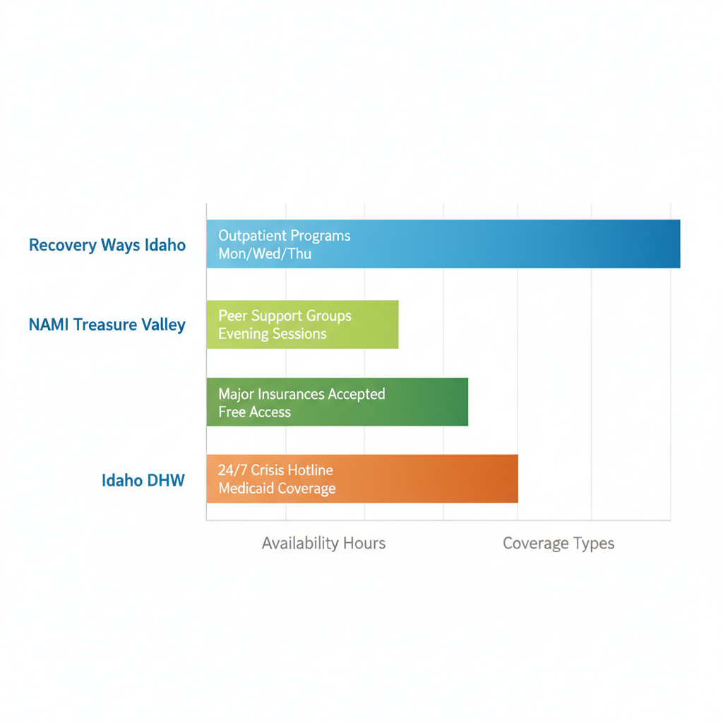 Horizontal bar chart comparing anxiety support resources in Boise, featuring Recovery Ways Idaho, NAMI Treasure Valley, and Idaho DHW Behavioral Health with details on availability and insurance.