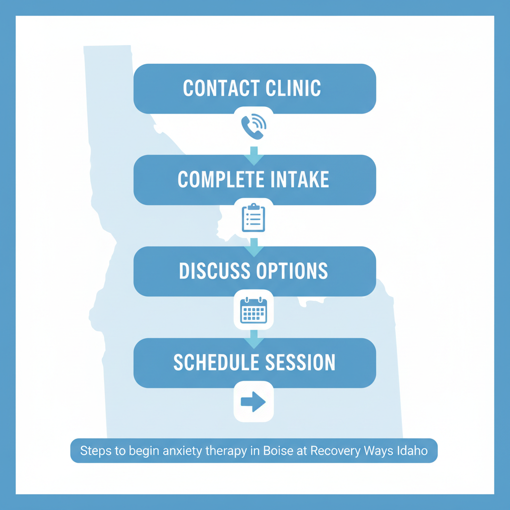 Vertical process flow diagram showing four steps to start anxiety therapy in Boise with icons and labels