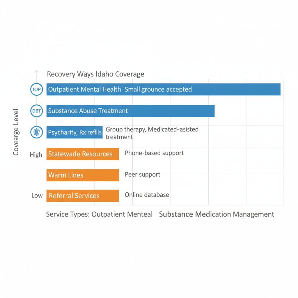 Horizontal bar chart comparing coverage levels of behavioral health services in Boise, including outpatient mental health, substance abuse treatment, and medication management.
