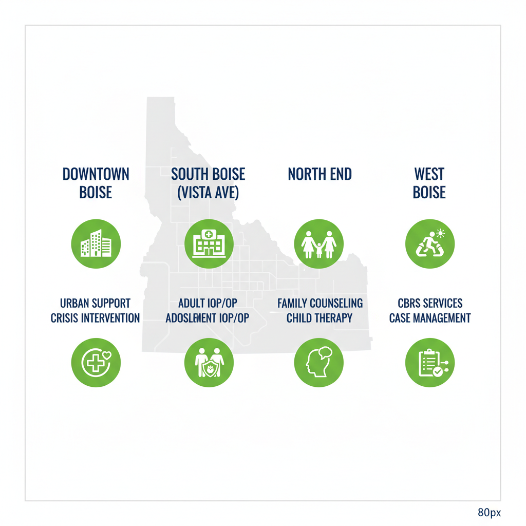Infographic showing comparison of mental health services in different Boise neighborhoods with icons and minimal labels.