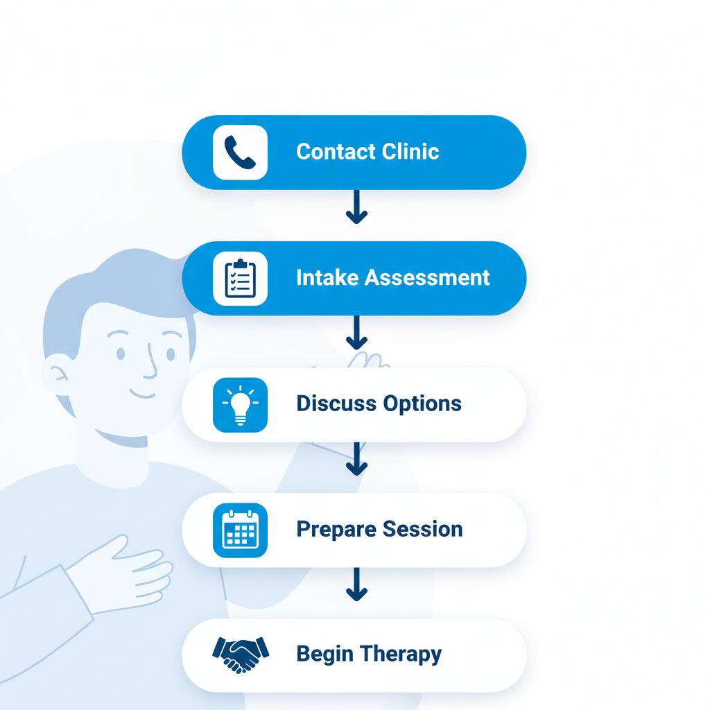 Vertical process flow diagram illustrating five steps to initiate mental health services at Recovery Ways Idaho in Boise