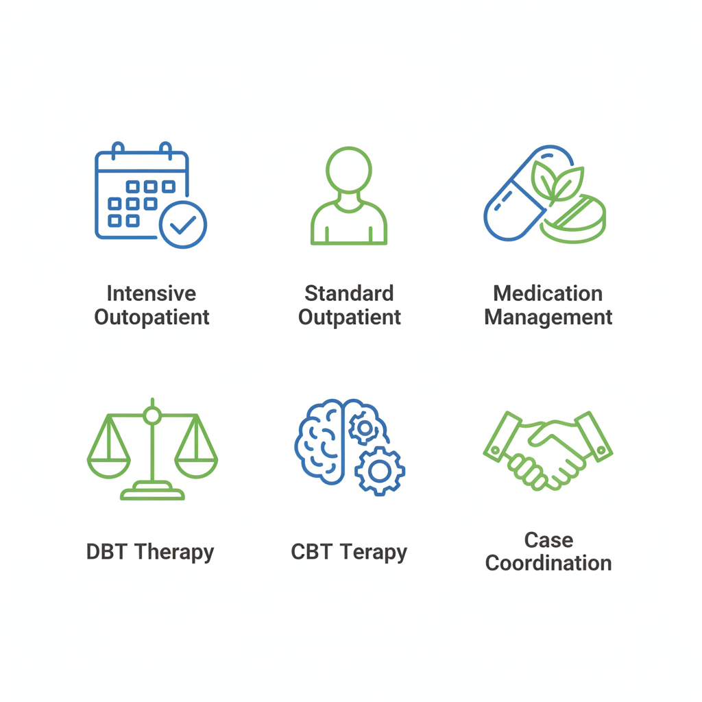 Grid of icons representing available mental health services including outpatient programs, therapy, and medication management.