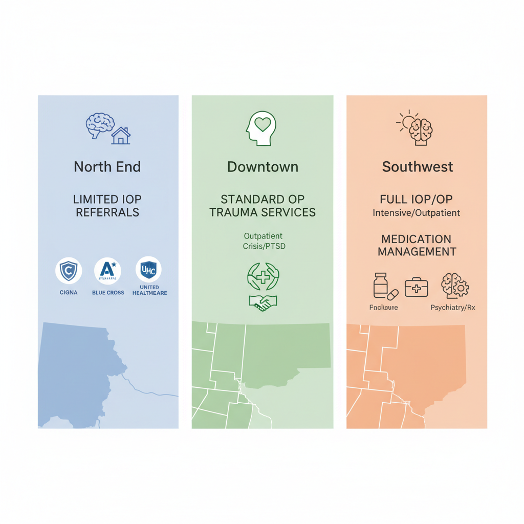 Infographic comparing mental health resources in Boise's North End, Downtown, and Southwest neighborhoods