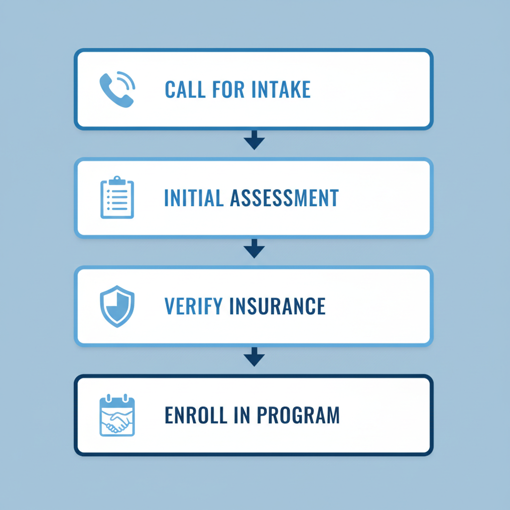 Vertical process flow diagram illustrating the five steps to begin mental health treatment at Recovery Ways Idaho, with icons for each stage.