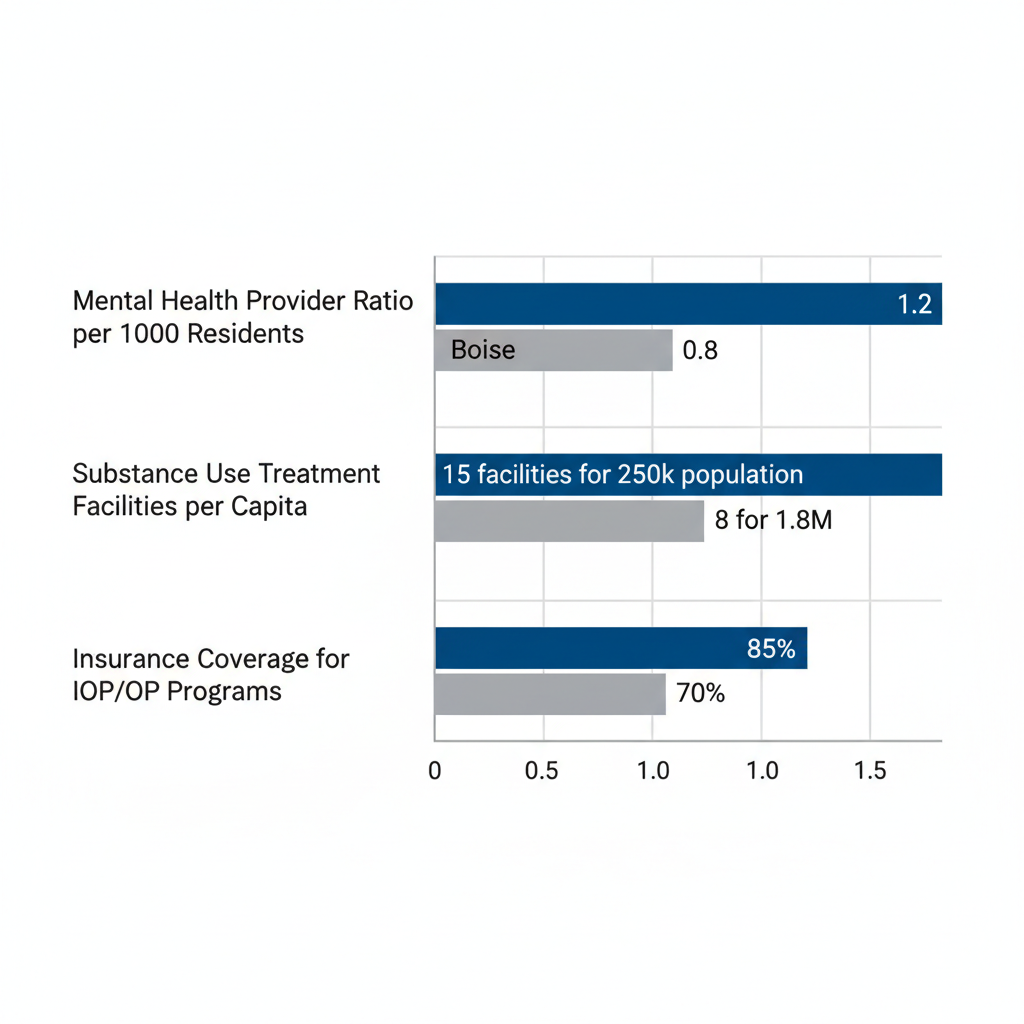 Horizontal bar chart comparing behavioral health metrics including provider ratio, treatment facilities, and insurance coverage between Boise and Idaho state average.