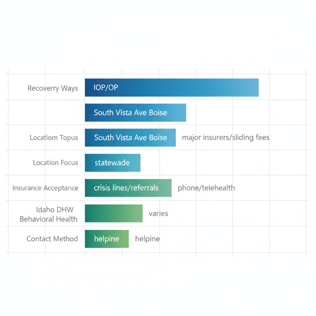 Horizontal bar chart comparing Recovery Ways Idaho and Idaho DHW Behavioral Health resources by program types, location, insurance, and contact methods.