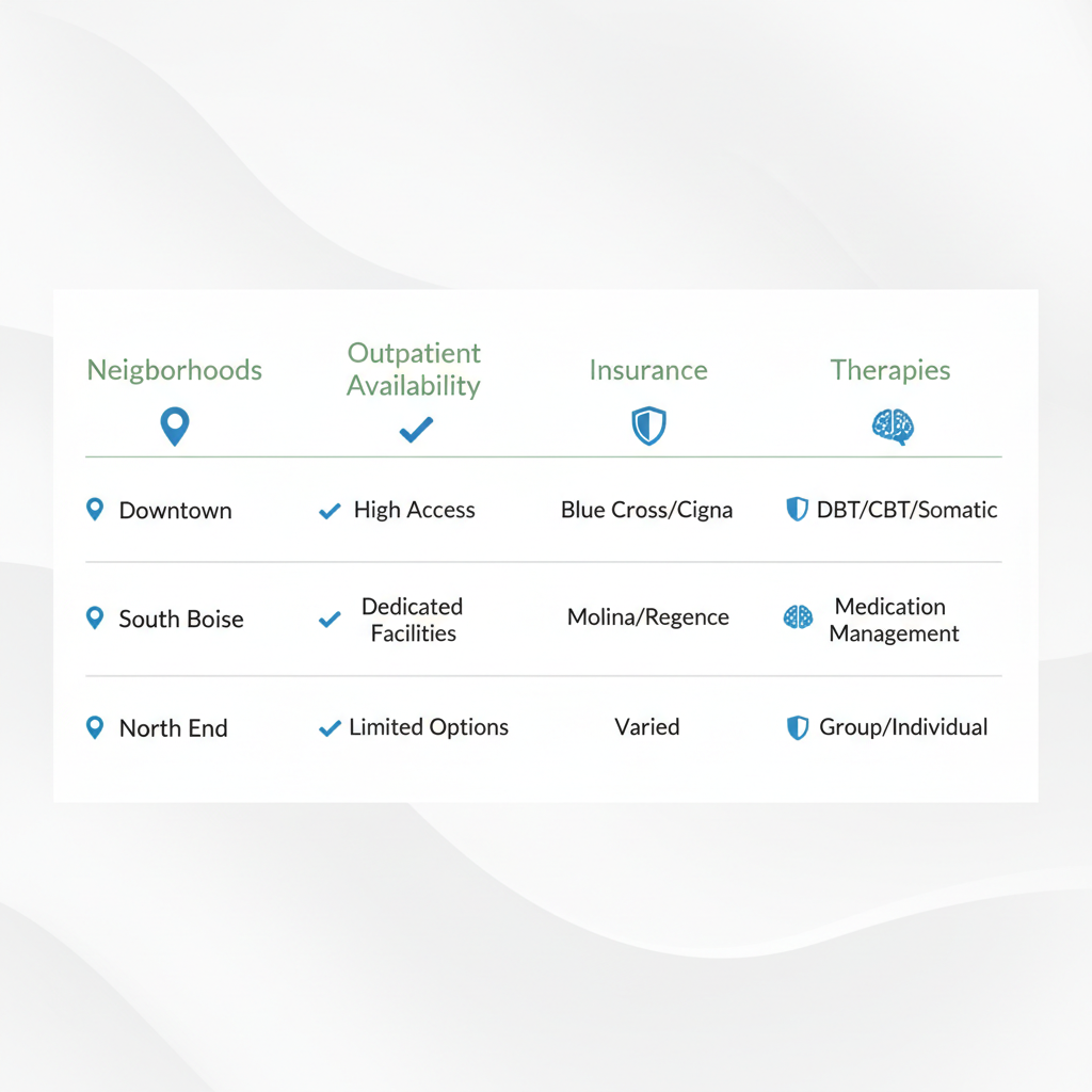 Infographic comparing anxiety support options in Boise neighborhoods including availability, insurance, and therapies.