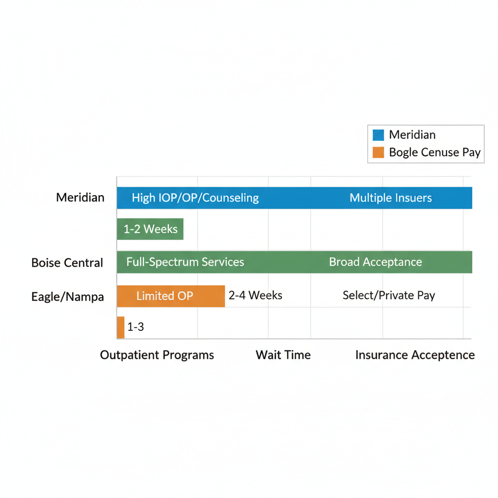 Horizontal bar chart comparing mental health outpatient programs, wait times, and insurance acceptance across Meridian, Boise Central, and Eagle/Nampa areas.