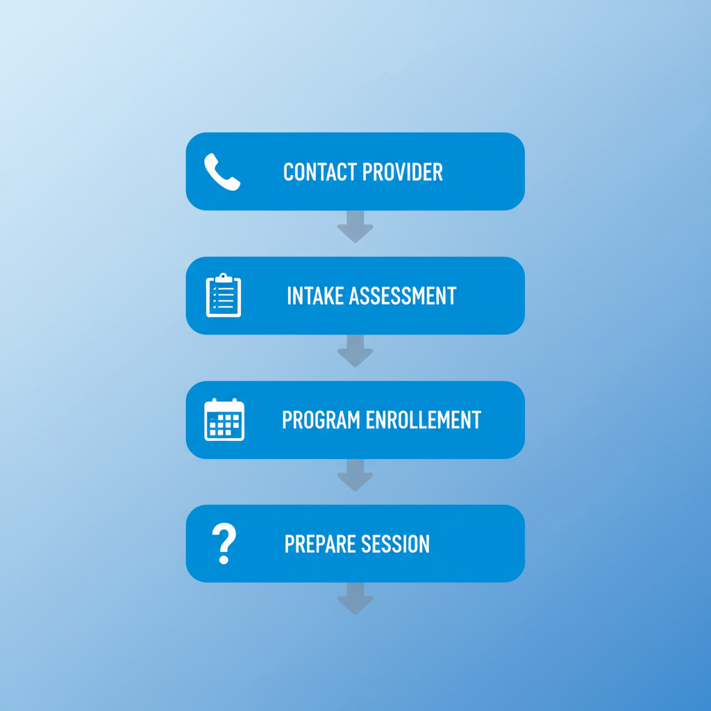 Vertical process flow diagram illustrating four key steps to begin mental health treatment, including contact, intake, enrollment, and preparation with relevant icons.
