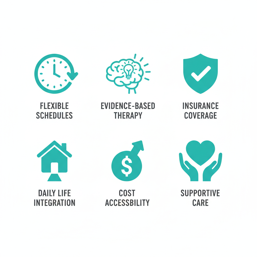 Grid of six icons showing benefits of outpatient mental health: flexibility, evidence-based therapies, insurance coverage, daily life integration, cost accessibility, and supportive care.