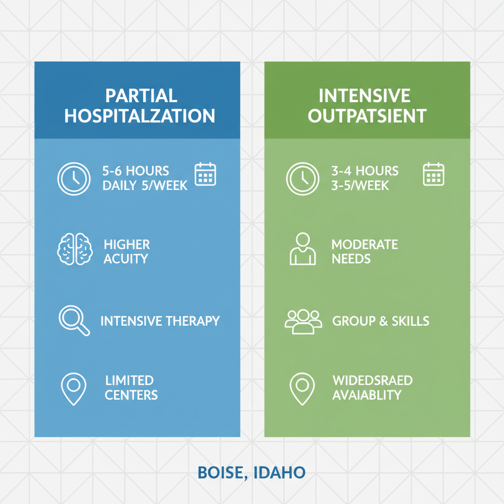 Infographic comparing PHP and IOP mental health programs in Boise, side-by-side with icons for time commitment, intensity, and availability.