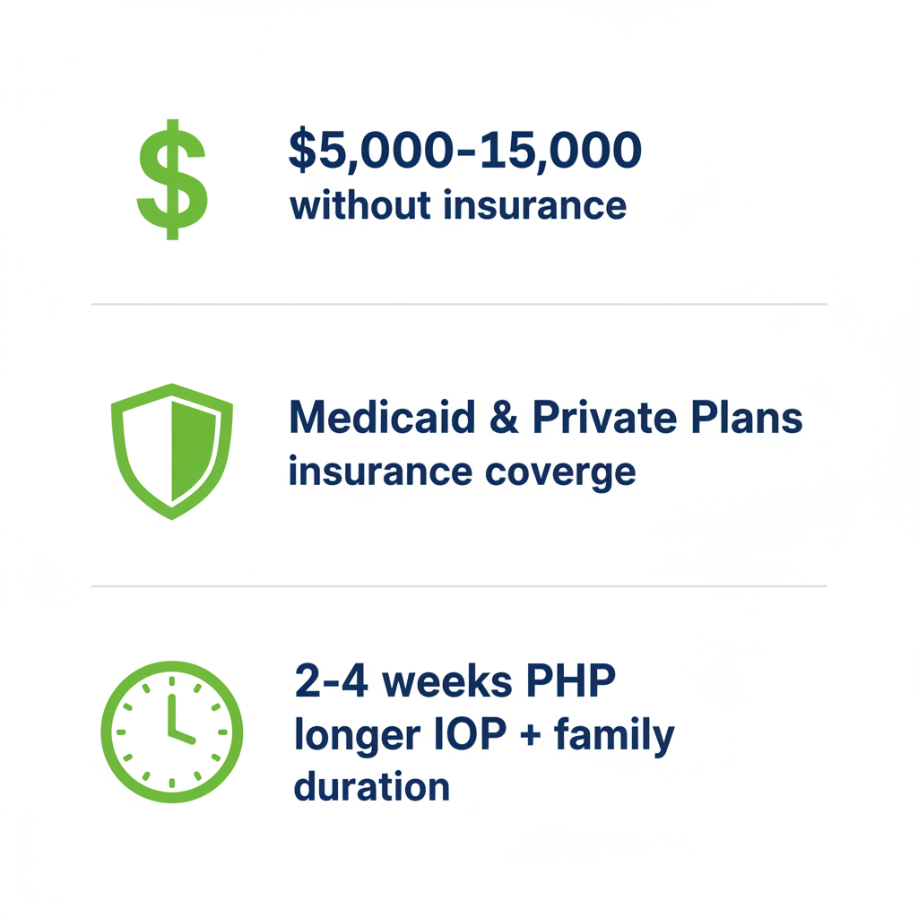 Infographic showing key local factors for adolescent mental health treatment in Boise including costs, insurance, and duration.