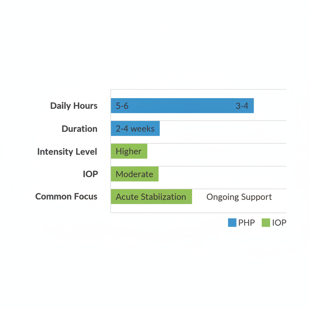 Horizontal bar chart comparing PHP and IOP programs for teen mental health in Boise, with blue and green bars showing daily hours, duration, intensity, and focus areas.
