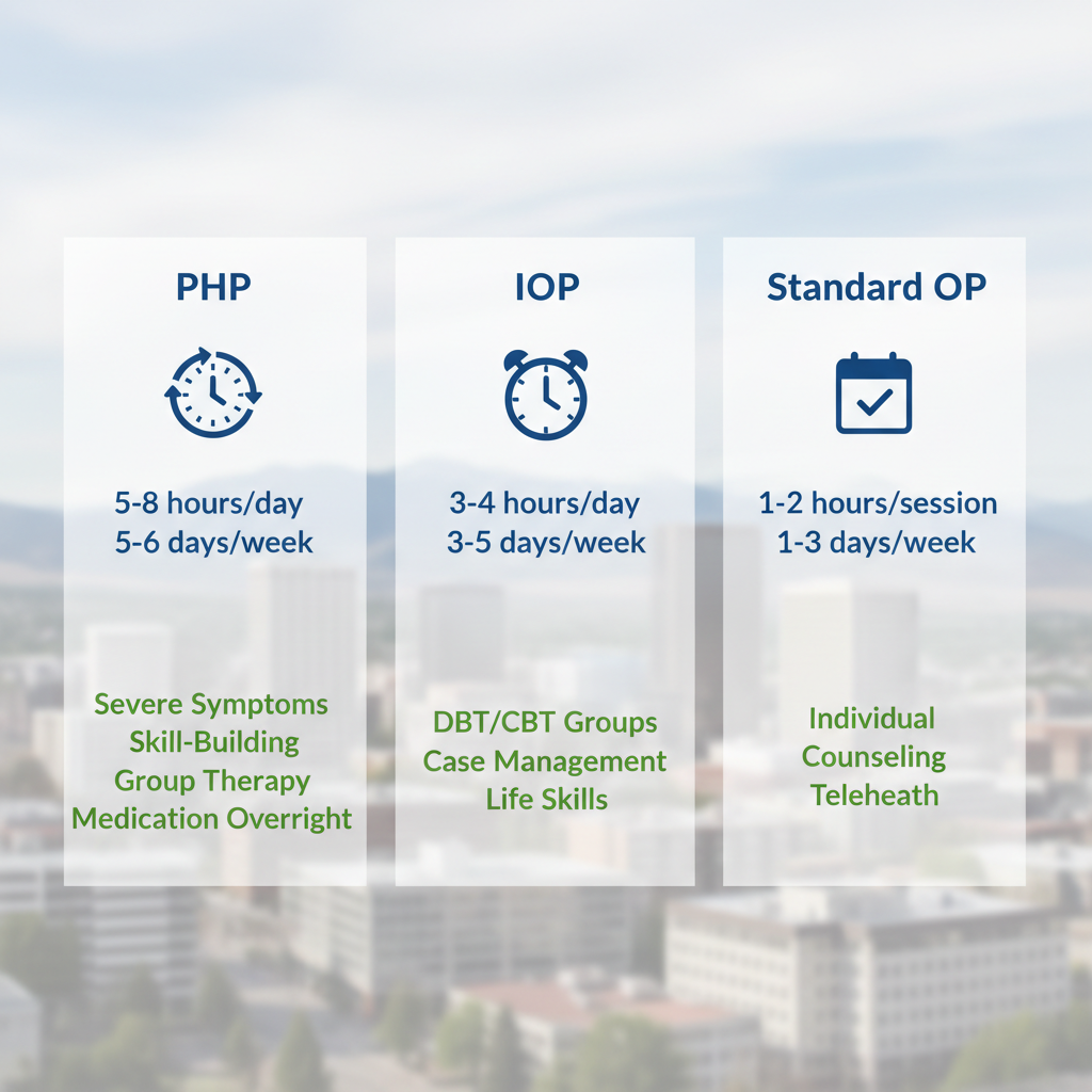 Infographic comparing PHP, IOP, and Standard OP mental health programs in Boise with program details, hours, and icons