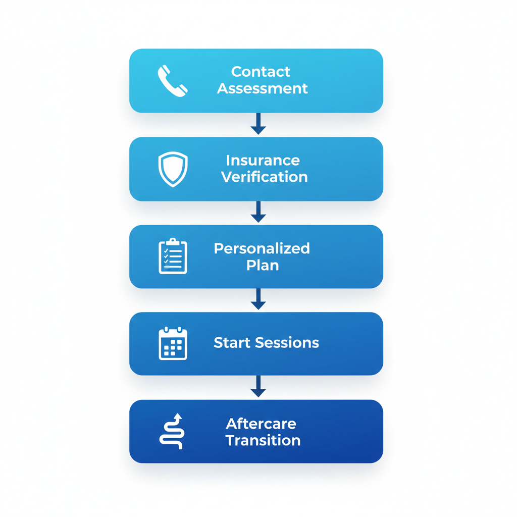 Vertical process flow diagram illustrating five steps to access PHP and IOP mental health services for teens, including contact, verification, planning, sessions, and aftercare with icons.