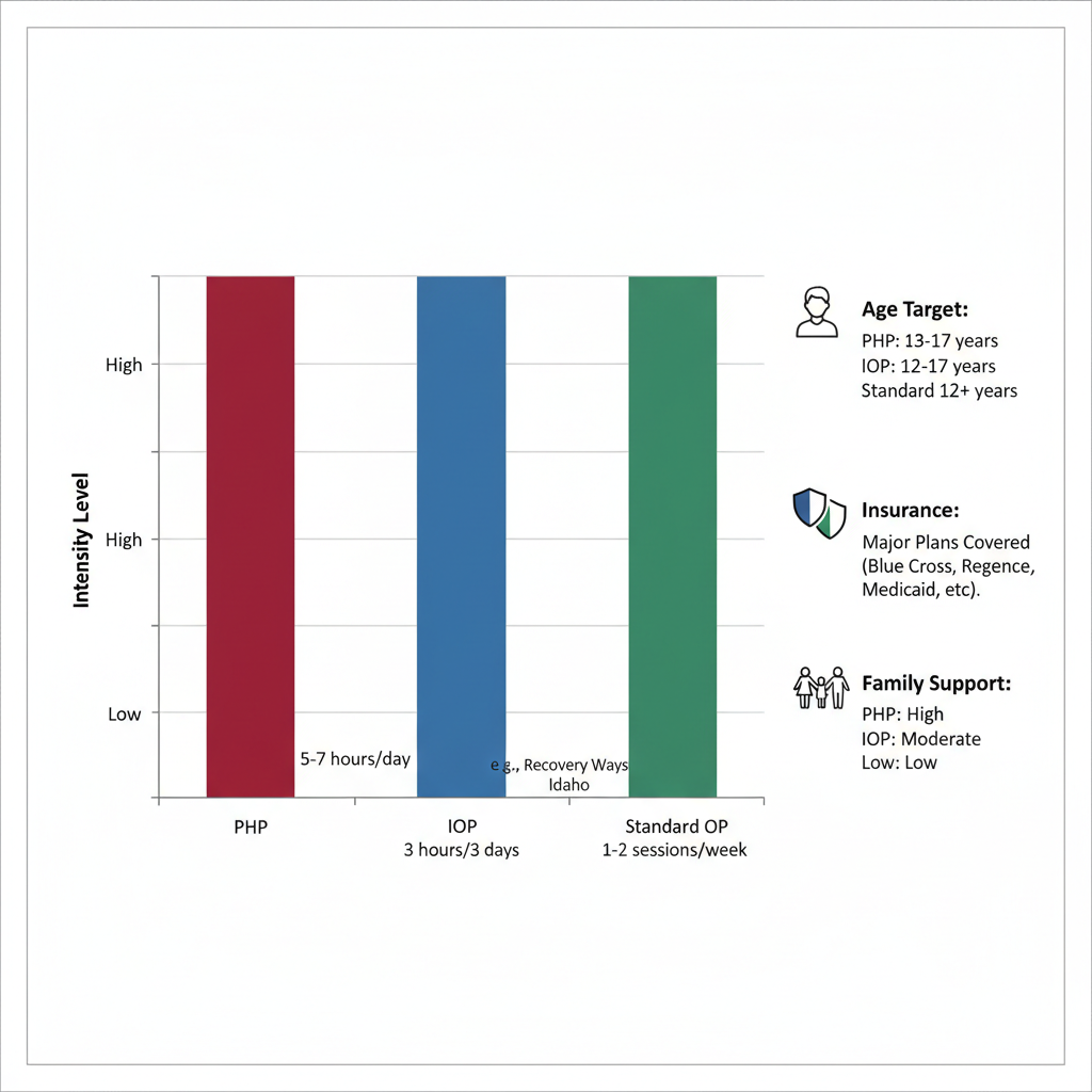 Bar chart comparing intensity levels and features of adolescent mental health programs PHP, IOP, and Standard OP in Boise