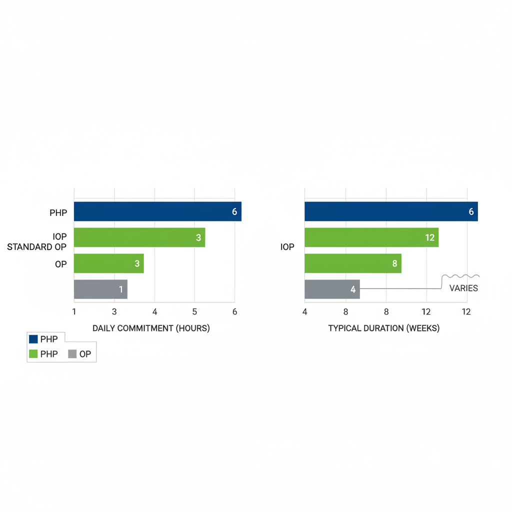 Horizontal bar chart comparing daily hours and durations of PHP, IOP, and OP mental health programs for adolescents in Boise